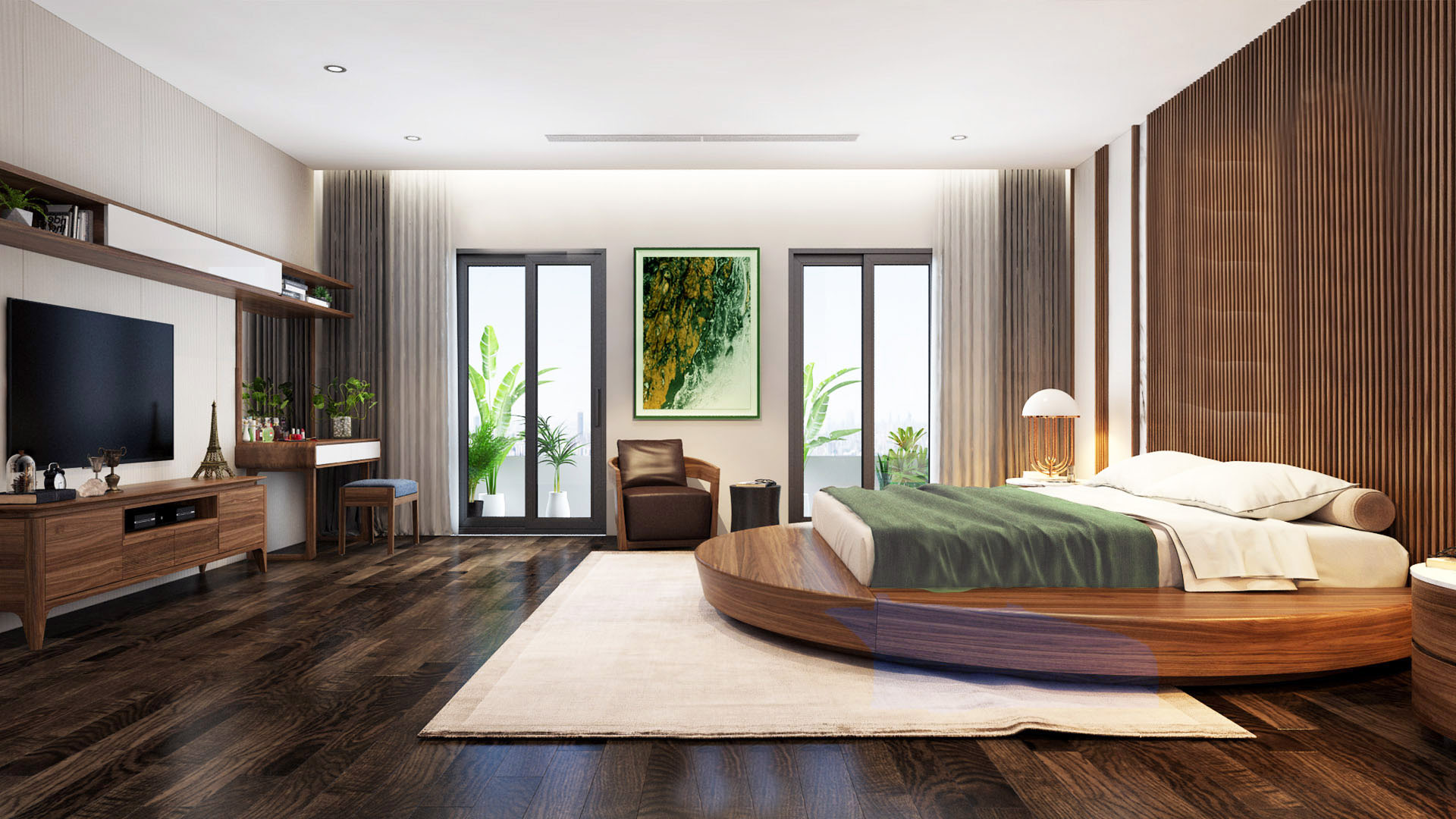 Nội thất phòng ngủ 20m2 gỗ óc chó đẹp sang trọng